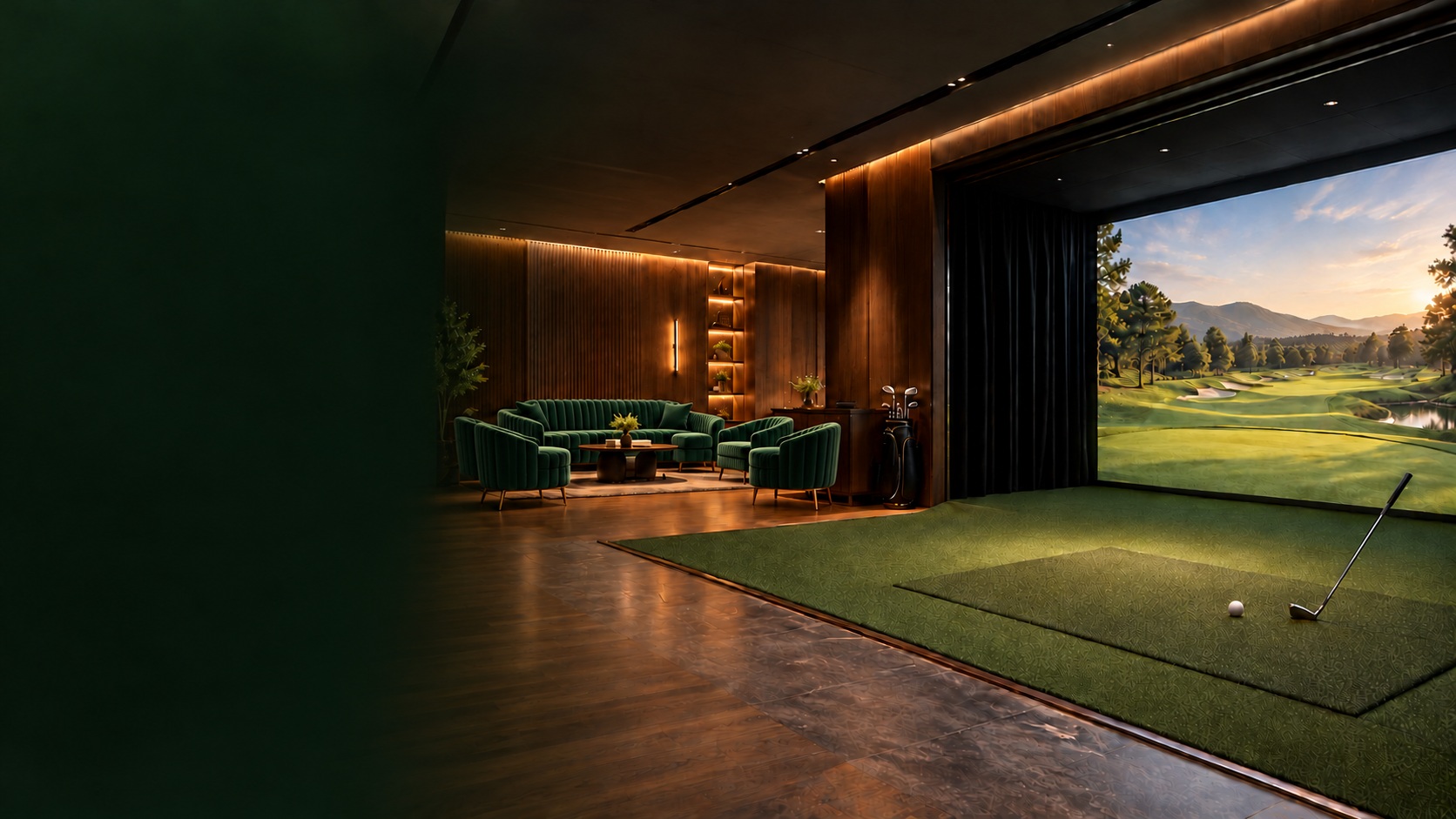 333 GOLF HOUSE 綠色沙發交誼廳與高爾夫模擬器主視覺概念圖